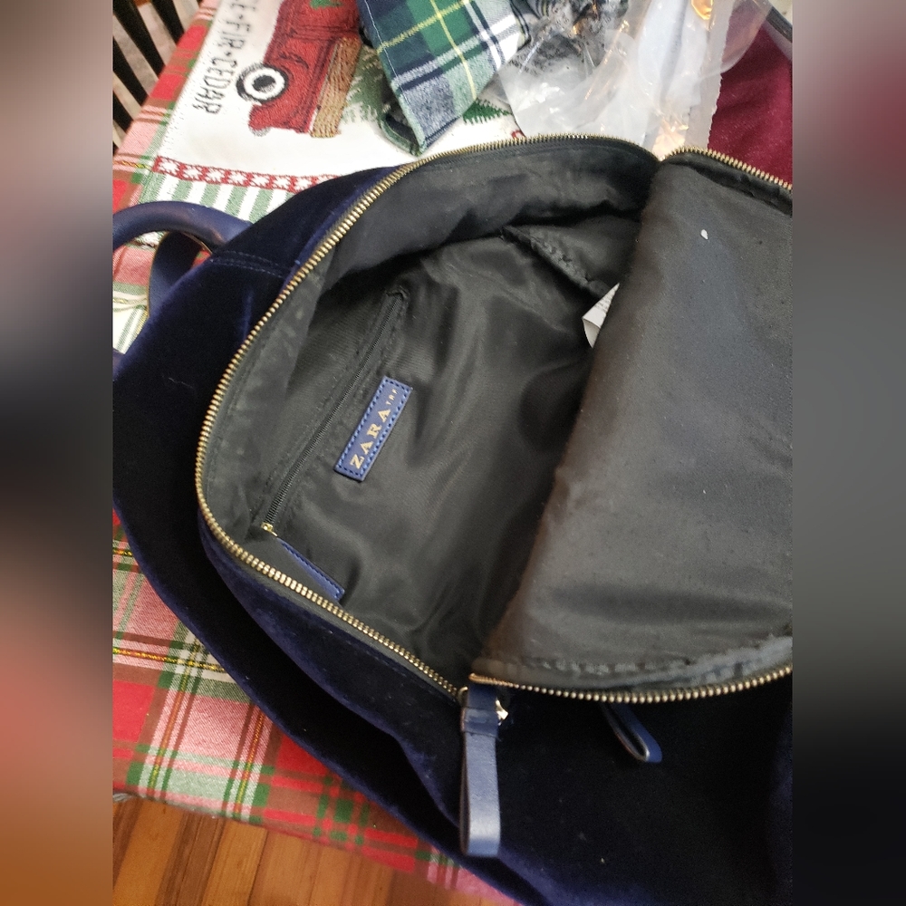 Zara blue velvet backpack
